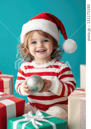 Joyful child in santa hat holding christmas ornament among festive gifts 131175280