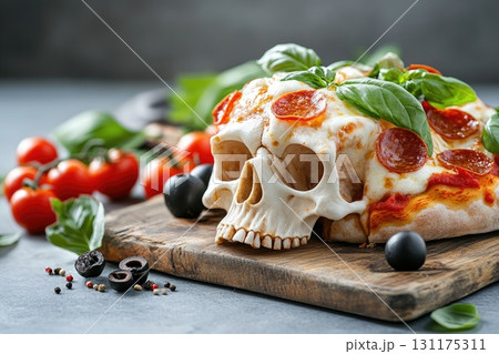 Creative skull pizza with pepperoni and vegetables on wooden board 131175311