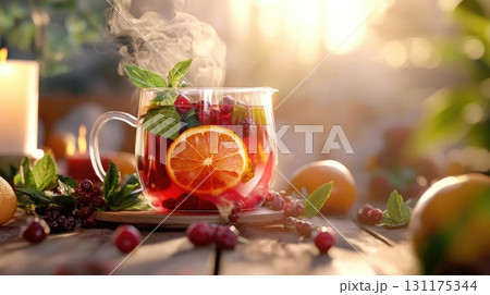 Aromatic mulled wine with citrus and cranberries in cozy setting with candlelight Aromatic mulled wine with citrus and cranberries in cozy setting with candlelight 131175344