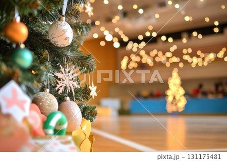 Festive christmas tree with ornaments in cozy decorated room for holiday celebration 131175481