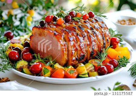 Festive holiday roast with glazed cherry garnish and seasonal vegetables Festive holiday roast with glazed cherry garnish and seasonal vegetables 131175587