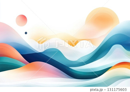 Abstract landscape with vibrant waves and suns in a dreamlike horizon 131175603