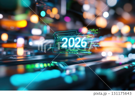 Futuristic digital 2026 concept featuring high-tech circuitry and neon elements 131175643