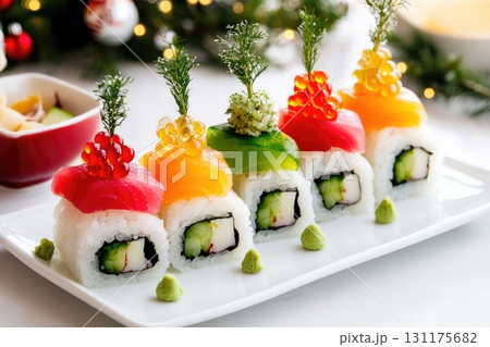 Creative christmas tree shaped sushi platter for festive celebrations and holiday gatherings 131175682