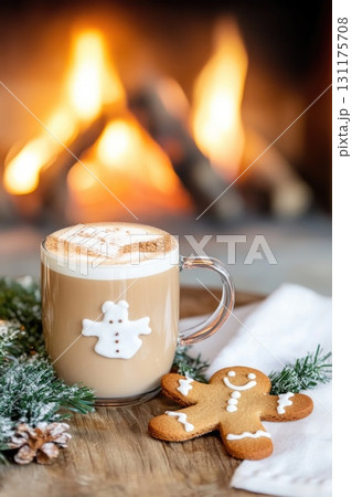 Cozy winter scene: cappuccino by the fireplace with gingerbread cookies 131175708