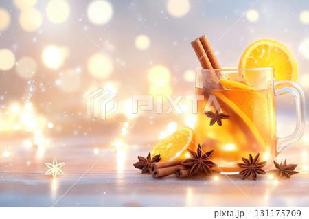 Festive mulled wine with orange and cinnamon amidst warm holiday lights Festive mulled wine with orange and cinnamon amidst warm holiday lights 131175709