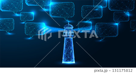Digital lighthouse and glowing speech bubbles. AI guidance, clarity and smart communication vector 131175812