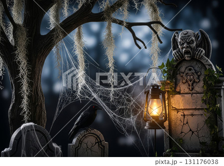 A mystical and spooky Halloween scene is set on a dark surface. 131176038
