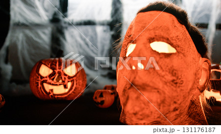 Halloween Monster On The Table With Scary Pumpkins Halloween Monster On The Table With Scary Pumpkins 131176187
