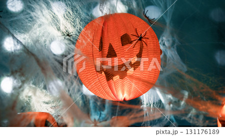 Orange Halloween Pumpkin Among The Scary Cobwebs On The Night Of Horrors 131176189