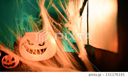 Halloween Pumpkin With Cobwebs Moved By Haunting Spirits 131176191