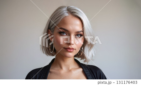 Portrait of attractive platinum blonde caucasian young woman with trendy bob haircut and big hoop earrings in black low neckline dress looking at camera on grey background. Digital art illustration. Portrait of attractive platinum blonde caucasian young woman with trendy bob haircut and big hoop earrings in black low neckline dress looking at camera on grey background. Digital art illustration. 131176403