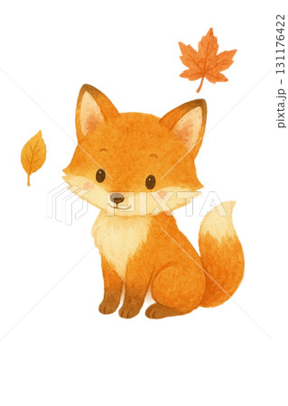 秋の落ち葉とキツネの水彩イラスト素材 かわいい動物キャラクター PNG 131176422