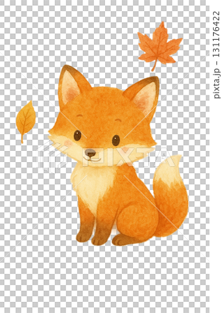 秋の落ち葉とキツネの水彩イラスト素材 かわいい動物キャラクター PNG 131176422