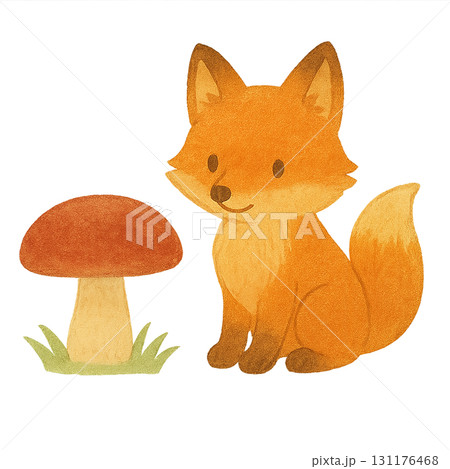 キノコとキツネの水彩イラスト素材 かわいい秋の森の動物 PNG 131176468