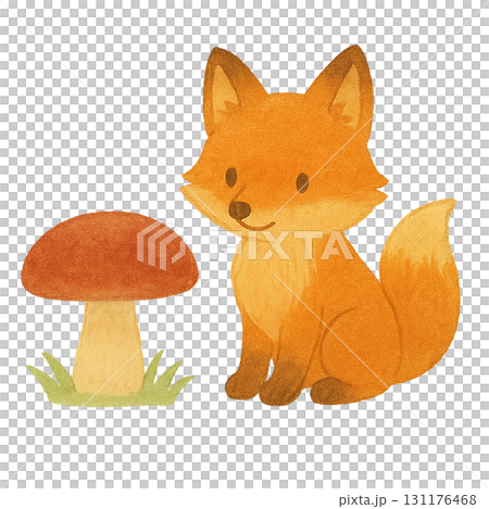 キノコとキツネの水彩イラスト素材 かわいい秋の森の動物 PNG 131176468