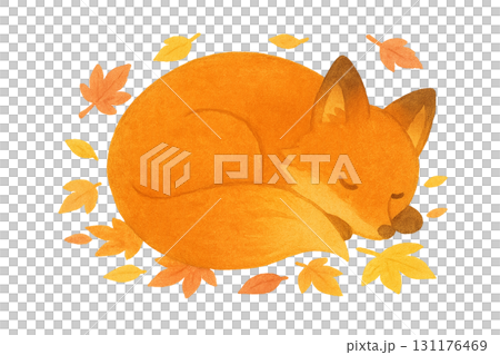 睡著的狐狸、秋葉和可愛動物的水彩插圖，PNG 剪紙 131176469