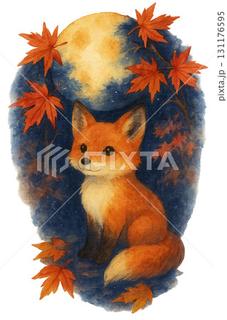 月夜と紅葉に囲まれたキツネの水彩イラスト素材 秋の幻想的な森の動物 PNG 月夜と紅葉に囲まれたキツネの水彩イラスト素材 秋の幻想的な森の動物 PNG 131176595