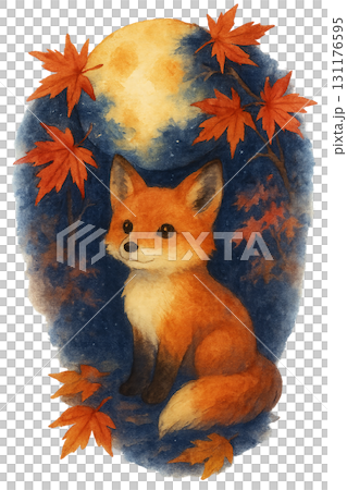月夜と紅葉に囲まれたキツネの水彩イラスト素材 秋の幻想的な森の動物 PNG 月夜と紅葉に囲まれたキツネの水彩イラスト素材 秋の幻想的な森の動物 PNG 131176595
