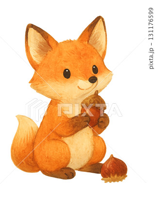 ドングリを抱えるかわいいキツネの水彩イラスト素材 秋の森の動物 PNG ドングリを抱えるかわいいキツネの水彩イラスト素材 秋の森の動物 PNG 131176599