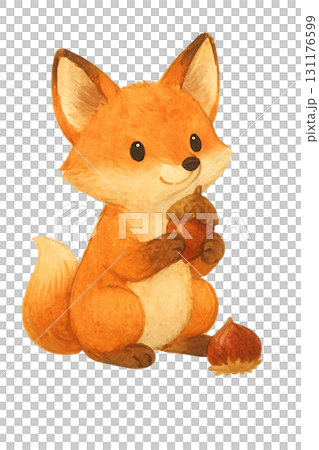 ドングリを抱えるかわいいキツネの水彩イラスト素材 秋の森の動物 PNG ドングリを抱えるかわいいキツネの水彩イラスト素材 秋の森の動物 PNG 131176599