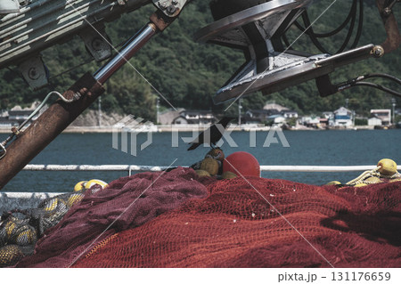 [境港]漁船の船上で休憩するカラス 131176659