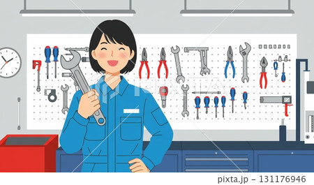 最高の笑顔！フラットデザインの女性整備士 131176946