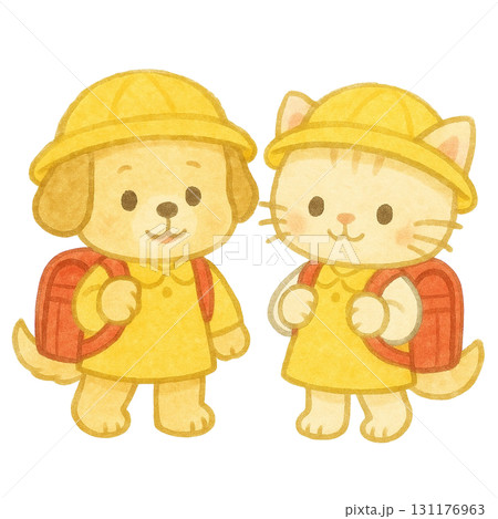 【入学式】ランドセルを背負った子犬と子猫のイラスト 131176963