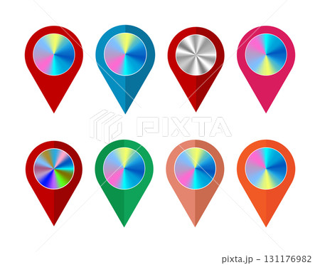 Colorful Map Markers Shiny Metal Location Round Shape Map Pointer. 131176982