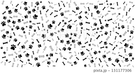 Seamless Dog Paw Print and Bone Pattern on White Background. 131177306