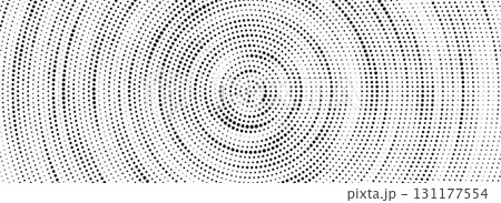 Black halftone concentric circle texture. Rippled repeating sound wave ring wallpaper. Dotted radial gradient background. Vector rasterized backdrop for vibration, epicenter, target, radar signal 131177554