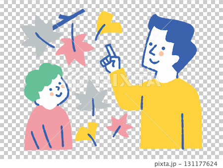 Father and child enjoying autumn leaves_Color 131177624