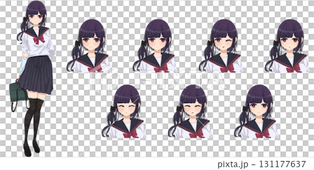 Cute anime-style high school girl character set with facial expressions 131177637