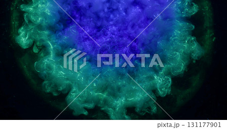 Art splash. Shiny fluid. Blue violet green turquoise round sparkling mix on black background. Color dust ink abstract blend blur water. 131177901
