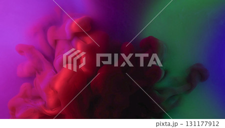 Colorful smoke. Defocused stream. Paint cloud swirl on light beam liquid abstract background. Art fluid flow magic gleam vapor texture. 131177912