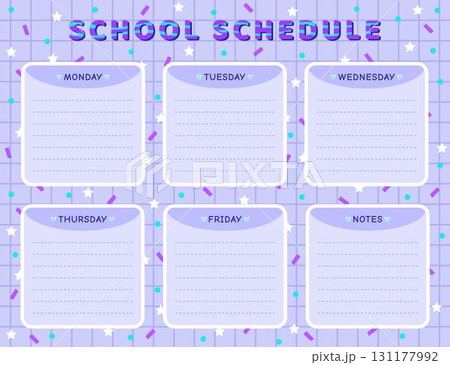Vector school schedule template in blue colors. Timetable for schoolchildren and pupils, doodle cartoon design, back to school weekly lesson planner with checkered background and confetti 131177992