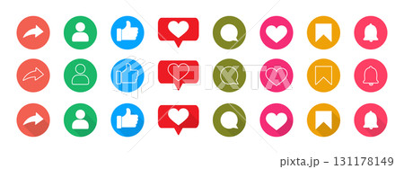 Collection of vibrant social media icons, including share, thumb up, user, like, heart, comment, bookmark and notification bell. 131178149