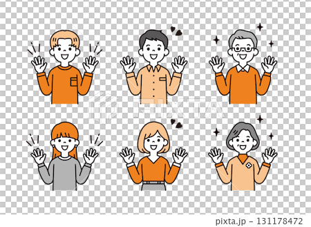 当選して嬉しそうに驚く、様々な世代の男性と女性の上半身ベクターイラスト素材セット 131178472