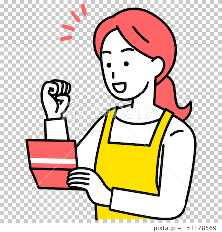 一位穿著圍裙的女士很高興看到她的存摺 131178569