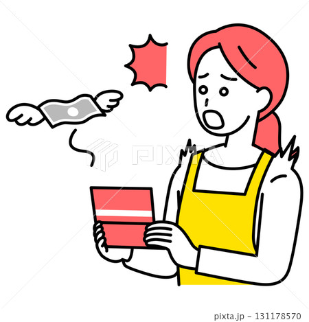 預金残高が減ってショックを受けるエプロン姿の女性 131178570