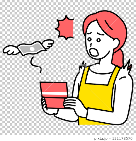 預金残高が減ってショックを受けるエプロン姿の女性 131178570