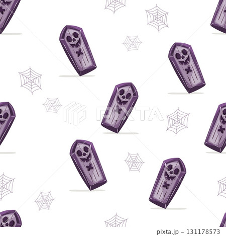 Seamless Halloween pattern with coffins and cobwebs 131178573