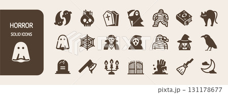 ホラーなアイコンセット【モノクロ】ハロウィンモンスターとアイテム 131178677