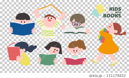 本を読む子どもたちのイラストセット　手書き感あるシンプルでかわいいイラスト 131178832