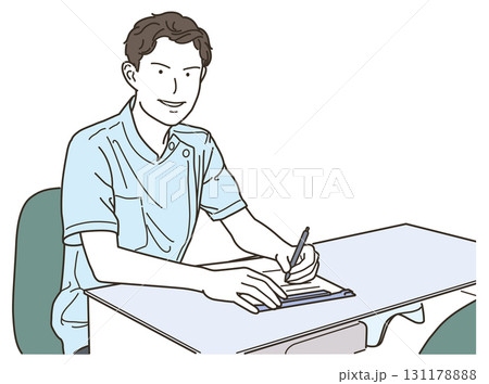 机に座りながらカルテを書く男性医療従事者 131178888