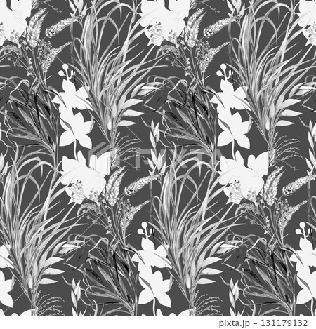 Botanical seamless pattern with graceful flowers and orchid sulhouettes for textiles  131179132