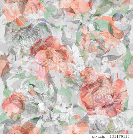 Botanical seamless pattern with abstract flowers and peony sulhouettes for textiles 131179133