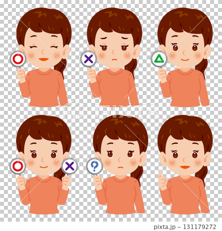 マルとバツなどの札を持った女性の上半身イラストセット 131179272