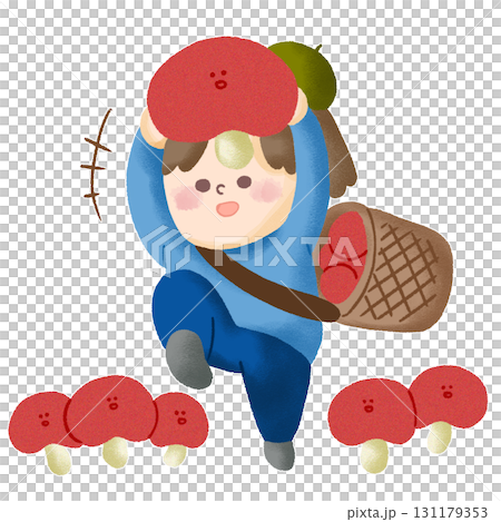 たくさんのキノコを収穫して嬉しそうにスキップしている子どものイラスト 131179353