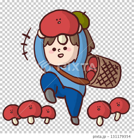 Illustration of a child skipping happily after harvesting lots of mushrooms Illustration of a child skipping happily after harvesting lots of mushrooms 131179354